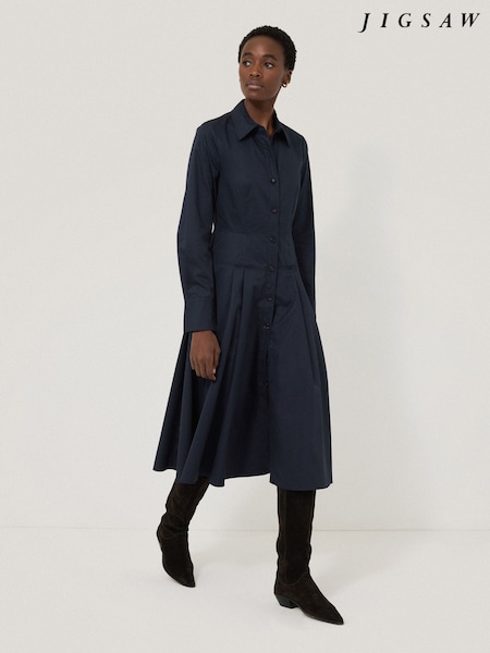 Jigsaw Blue Panelled 100% Cotton Shirt Dress (F40687) | £185