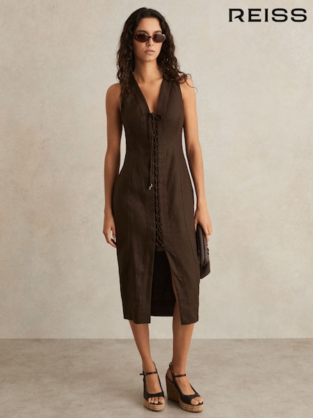 Reiss Chocolate Brown Amelia Lattice-Front Midi Dress (F40778) | £188