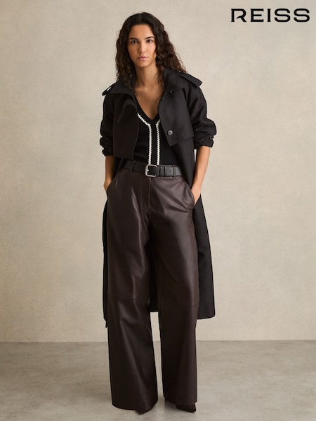 Reiss Chocolate Mercey Petite Leather Wide Leg Trousers (F40782) | £430