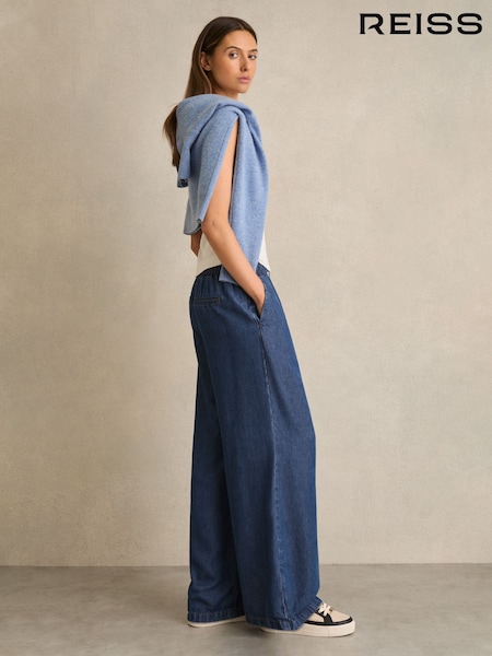 Reiss Mid Blue Parker Petite Wide-Leg Chambray Drawstring Trousers (F40795) | £120