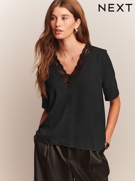 Black Short Sleeve Lace Trim V-Neck Top (F40927) | £24