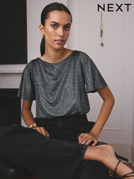 Black / Silver Sparkle Fluted Sleeve Bodysuit (F40951) | £30