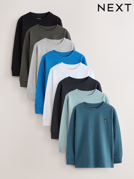 Black/White/Blue Stag Logo Long Sleeve Cosy T-Shirts 8 Pack (3-16yrs) (F40957) | £40 - £52