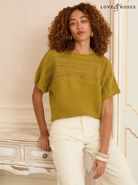 Love & Roses Mustard Yellow Scallop Stitch Grown On Sleeve Knit Top (F41059) | £38