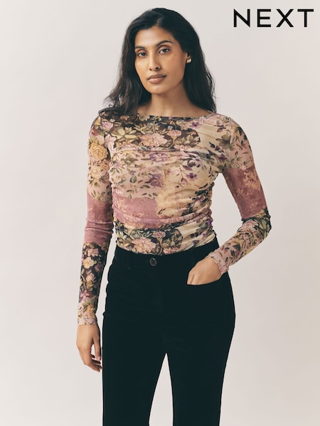 Floral Print Mesh Long Sleeve Crew Neck Top (F41086) | £24