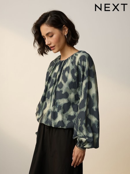 Green/Black Animal Print Long Sleeve Bubble Hem Top (F41122) | £28