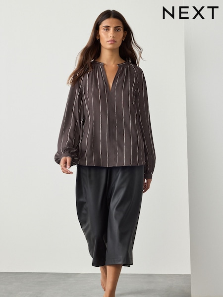 Chocolate Brown Stripe Long Sleeve V-Neck Blouse (F41124) | £28