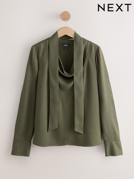 Khaki Green Long Sleeve Drape Tie-Neck Top (F41126) | £36