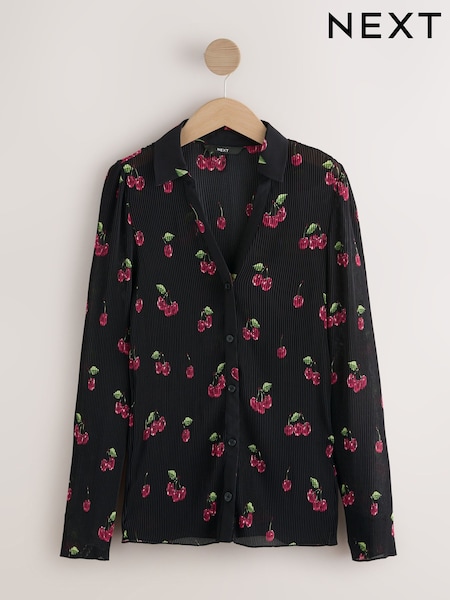 Black Cherry Print Pleated Long Sleeve Fitted Shirt (F41373) | £28