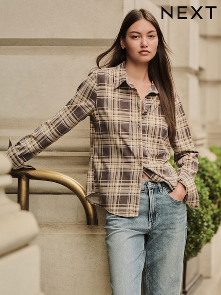 Brown/Cream Check Long Sleeve Corduroy Shirt (F41375) | £38