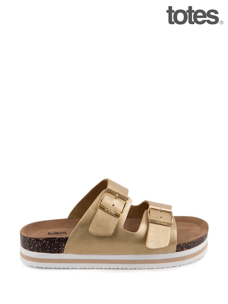 Totes Gold Ladies Double Buckle Platform Slides (F41408) | £30