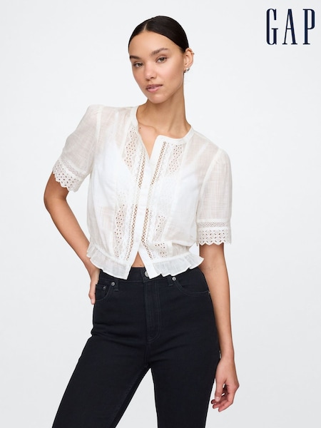 Gap White Cotton Lace-Trim Puff Sleeve Shirt (F41721) | £45
