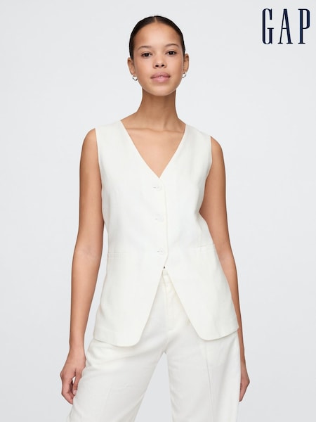 Gap White Heavyweight Linen Blend Longline Waistcoat (F41732) | £60