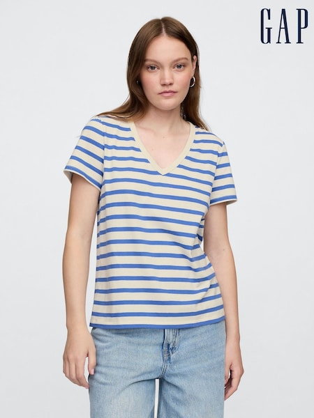 Gap Beige Stripe V-Neck Favourite Cotton Short Sleeve T-Shirt (F41800) | £9