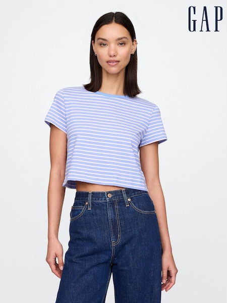 Gap Blue & White Cotton VintageSoft Cropped Striped T-Shirt (F41805) | £12