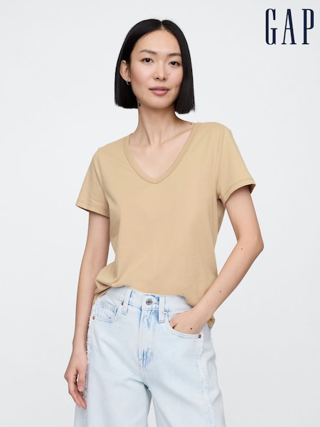 Gap Beige V-Neck Favourite Cotton Short Sleeve T-Shirt (F41810) | £12