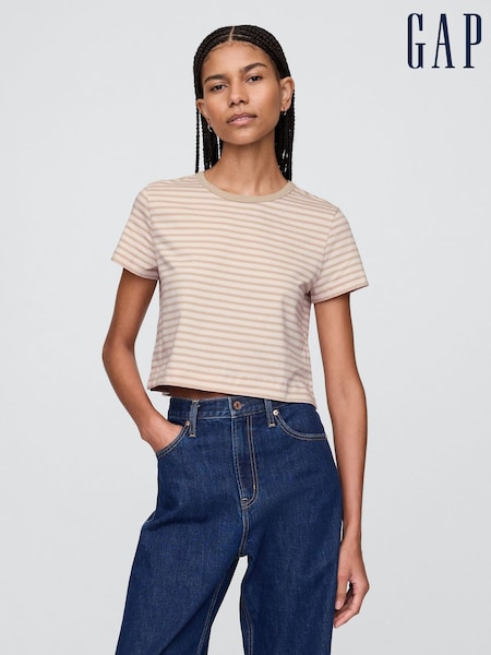 Gap Beige Cotton VintageSoft Cropped Striped T-Shirt (F41833) | £18