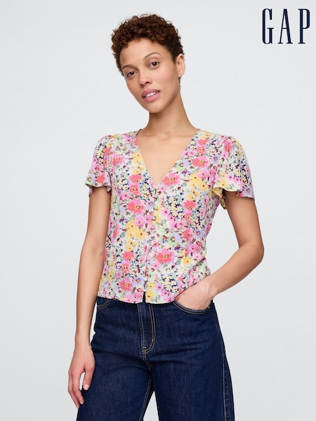Gap White Floral Crepe Flutter-Sleeve Top (F42017) | £40