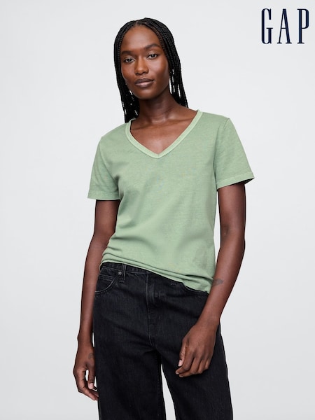 Gap Green V-Neck Vintage 100% Organic Cotton Short Sleeve T-Shirt (F42029) | £18