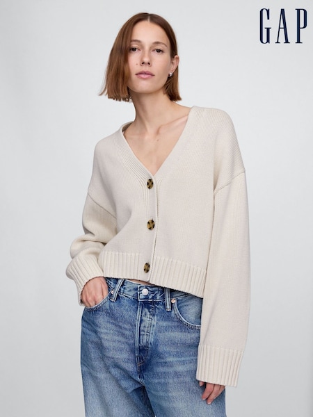 Gap Beige 100% Cotton V Neck Cropped Cardigan (F42044) | £45