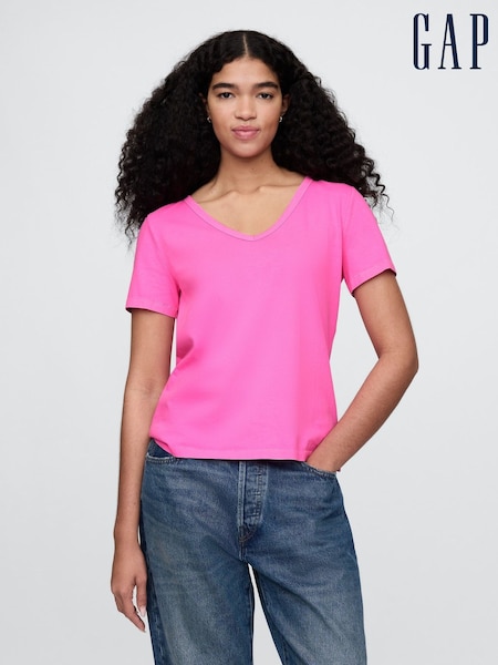 Gap Pink V-Neck Vintage 100% Organic Cotton Short Sleeve T-Shirt (F42071) | £18