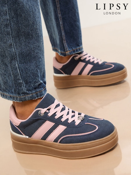 Lipsy Navy Standard Fit Pink Stripe Chunky Gum Trainers (F42186) | £49