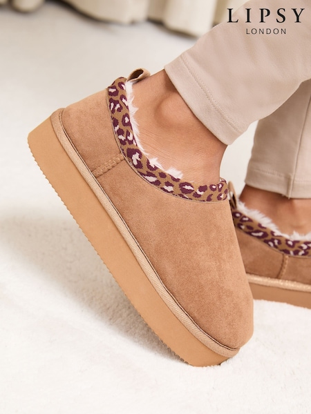 Lipsy Tan Brown Faux Fur Leopard Print Trim Platform Bootie Nightwear Slippers (F42201) | £29