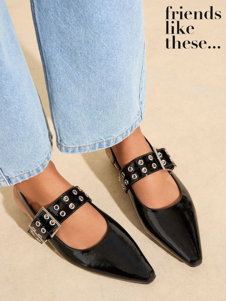 Friends Like These Black Buckle Slingback Pointed Toe Faux Patent Leather Ballerina Shoes (F42246) | £34