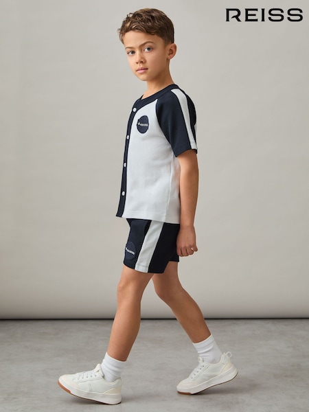 Reiss Off White/Navy Cane 3-9 yrs Cotton Waffle-Knit Badge Shorts (F42258) | £34