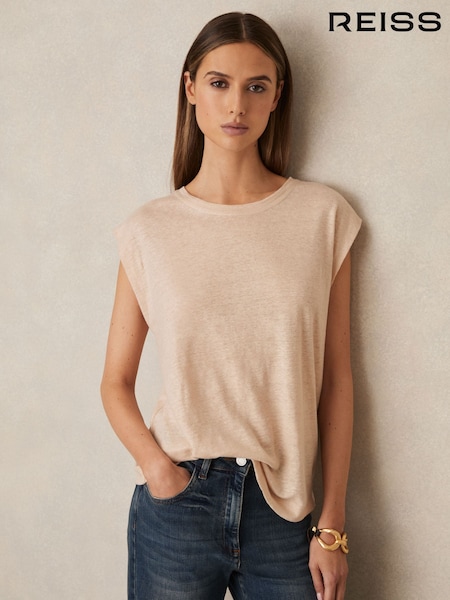 Reiss Peach Mara Linen Cap-Sleeve T-Shirt (F42264) | £58
