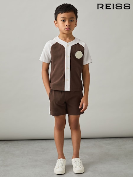Reiss Chocolate Brown / Off White Cane 9-13 yrs Cotton Waffle-Knit Badge Shorts (F42273) | £38