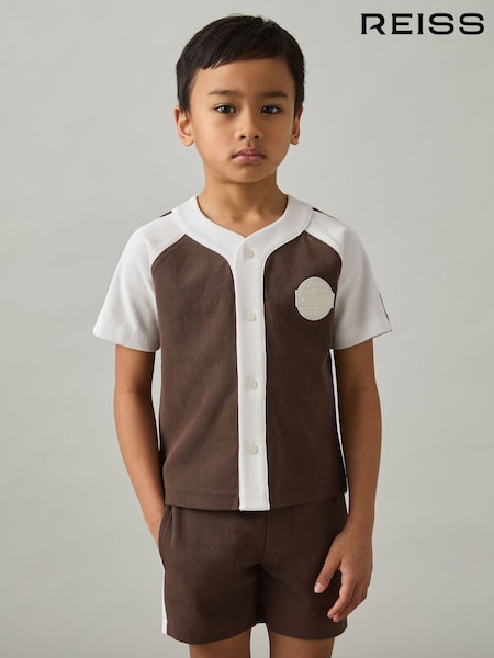 Reiss Chocolate Brown / Off White Nori 9-13 yrs Cotton Waffle-Knit Badge Shirt (F42282) | £42