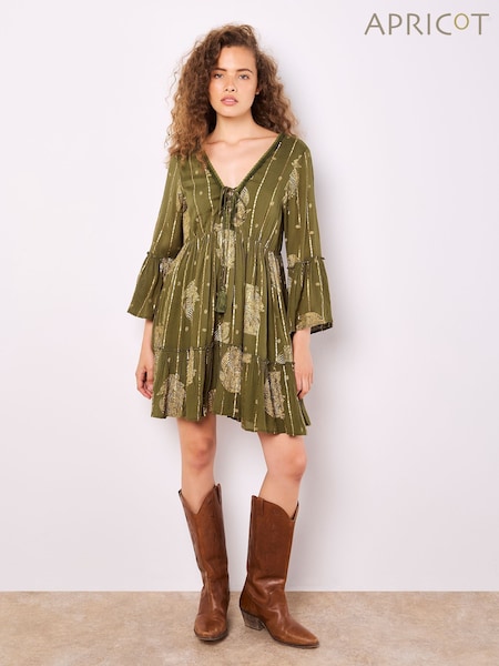 Apricot Green Bohemian Bell Sleeve Dress (F42337) | £46
