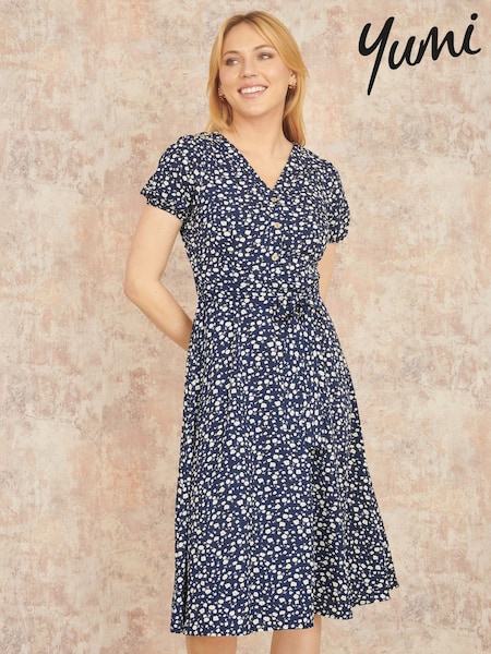 Yumi Blue Ditsy Floral Print Midi Shirt Dress (F42386) | £50