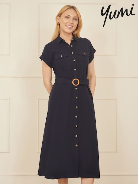 Yumi Blue Viscose Look Midi Shirt Dress With Wooden Belt (F42402) | £65