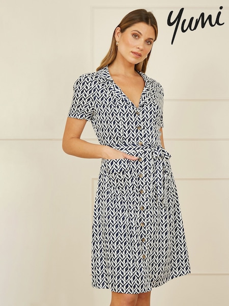 Yumi Blue Geo Print Retro Style Shirt Dress (F42407) | £55