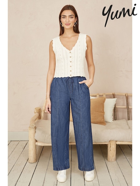 Yumi Blue Relaxed Fit Chambray Wide Leg 100% Cotton Trousers (F42427) | £55