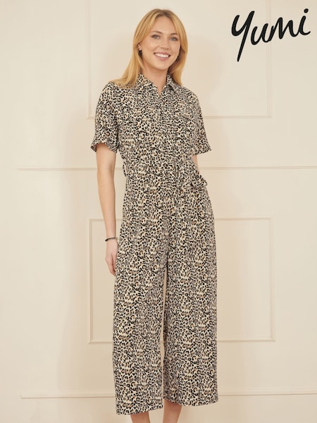 Yumi Brown Leopard Print Pleated Fabric Jumpsuit (F42431) | £65