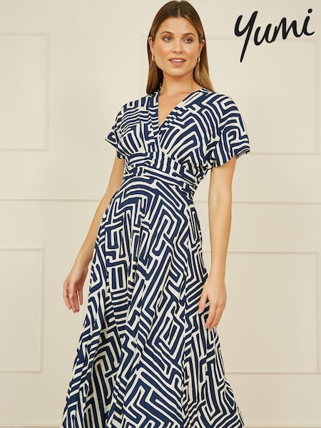 Yumi Blue Geometric Print Ruched Waist Midi Dress With Kimono Sleeves (F42434) | £65
