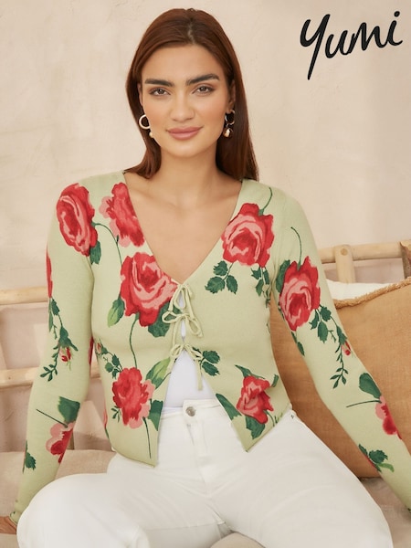Yumi Green Rose Print Cardigan With Tie Front (F42444) | £45
