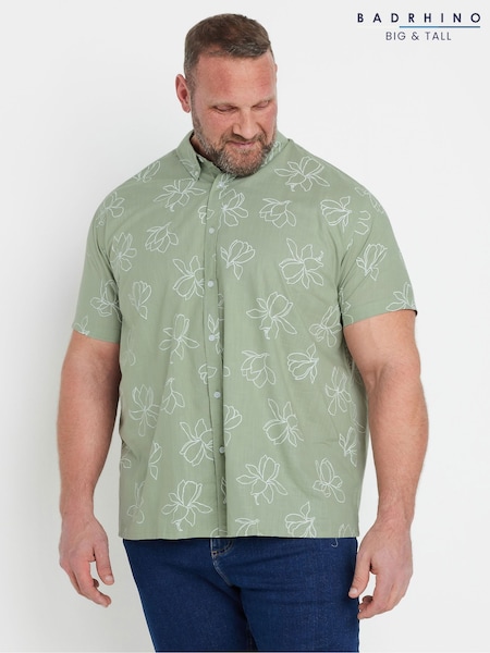 BadRhino Big & Tall Green Linear Floral Print Slub 100% Cotton Shirt (F42494) | £33