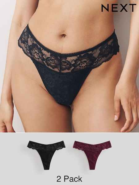 Black / Berry Thong All Over Lace Medium Flow Period Knickers 2 Pack (F42588) | £16