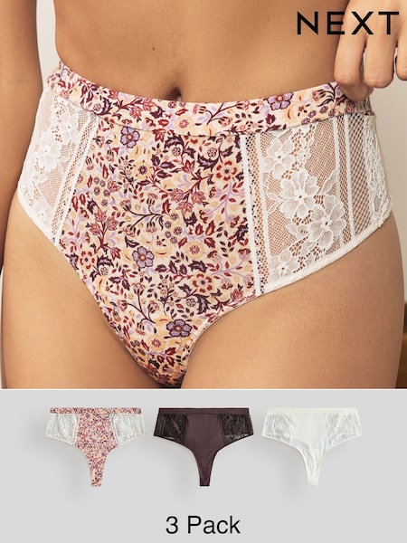 Floral Print High Waisted Thong Modal & Lace Knickers 3 Pack (F42596) | £18