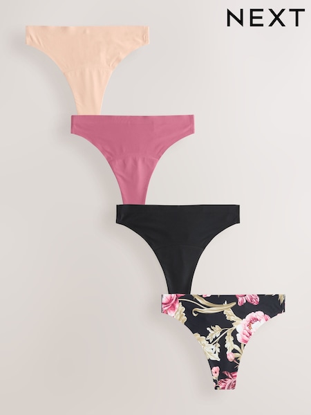 Black / Praline Nude / Pink Floral Thong No VPL Medium Flow Period Knickers 4 Pack (F42620) | £28
