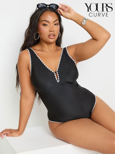 Yours Curve Black Blanket Stitch Plunge Swimsuit (F42718) | £36