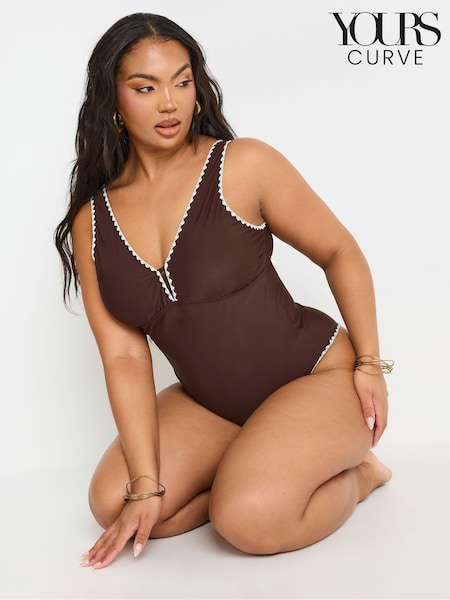 Yours Curve Brown Blanket Stitch Plunge Swimsuit (F42735) | £36