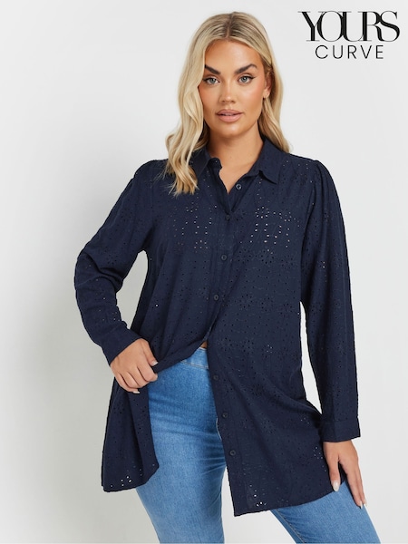 Yours Curve Blue Broderie Long Sleeve Shirt (F42742) | £34