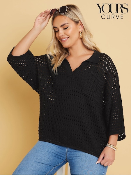Yours Curve Black Collared Pointelle Jumper (F42749) | £29