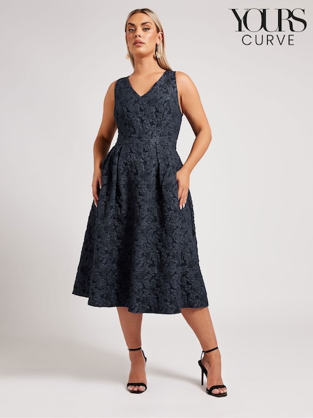 Yours Curve Blue London Jacquard V-Neck Prom Skater Dress (F42765) | £80