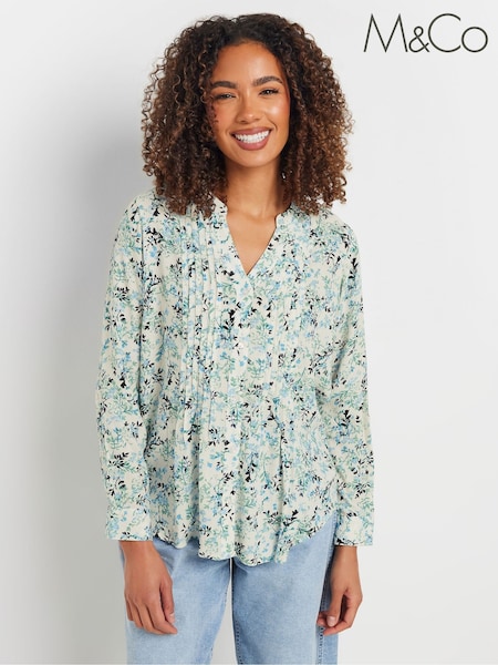 M&Co Green Pintuck Long Sleeve Printed Top (F42783) | £30